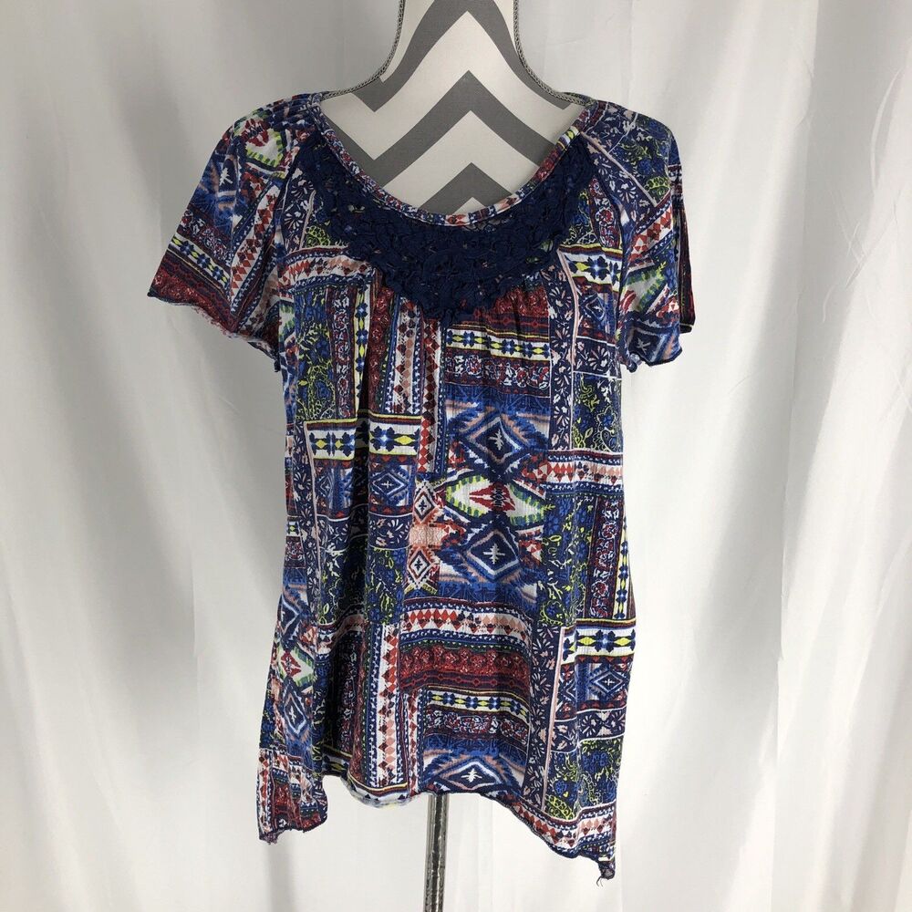 French Laundry Boho Top Loose Embroidered Tee Shirt  XL Multicolored
